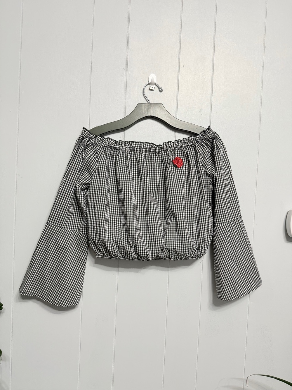 #17) Forever 21 Black & White Gingham Off-Shoulder Top with Red Rose